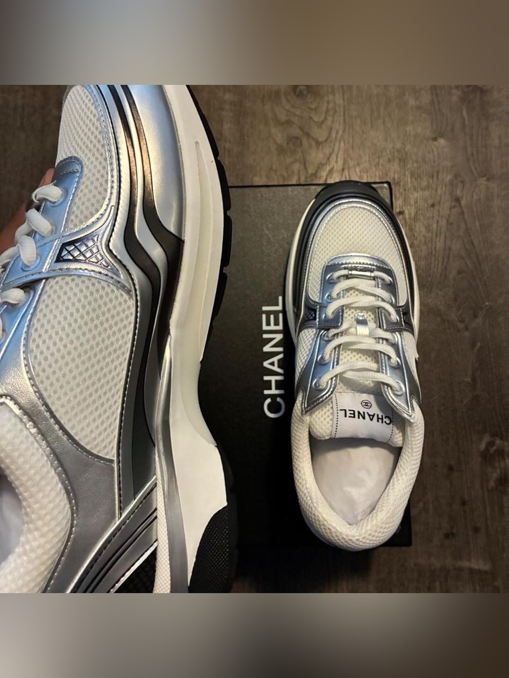 CHANEL Silver and White Mesh Logo Runner Sneakers - Picture 2 of 5